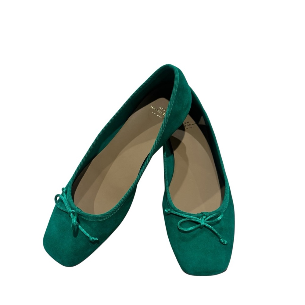 Ann Mashburn Emerald Green Suede Square Toe Ballet Flats Bow Detail Sz 40 US 9.5